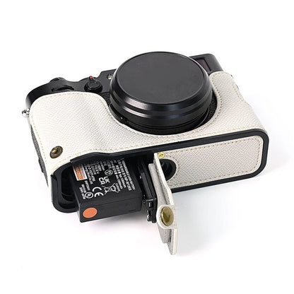 For Fuji X100V Battery Opening Design Palm Texture PU Leather Camera Case Half Body Bottom Case with Wrist Strap