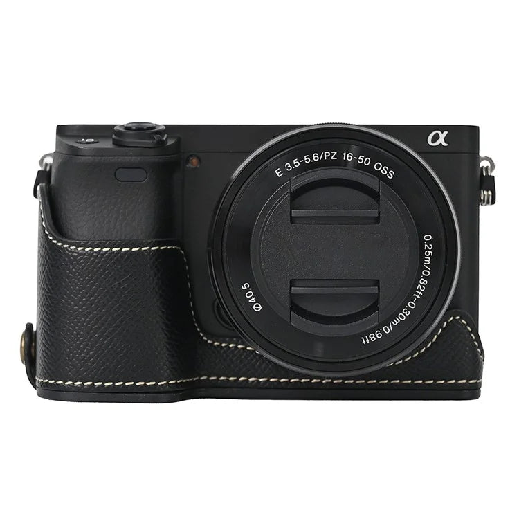 Camera Case for Sony A6400 / A6300 / A6100 / A6000 Battery Opening Design Palm Texture PU Leather Half Body Bottom Case with Wrist Strap