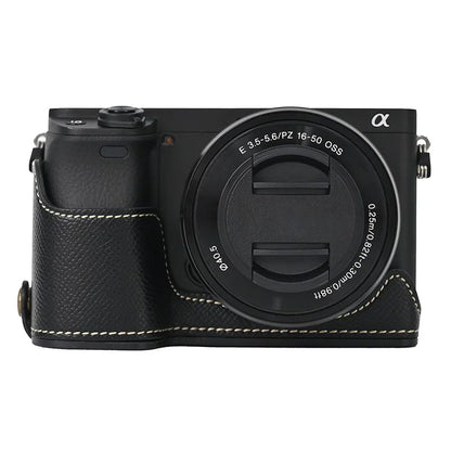 Camera Case for Sony A6400 / A6300 / A6100 / A6000 Battery Opening Design Palm Texture PU Leather Half Body Bottom Case with Wrist Strap