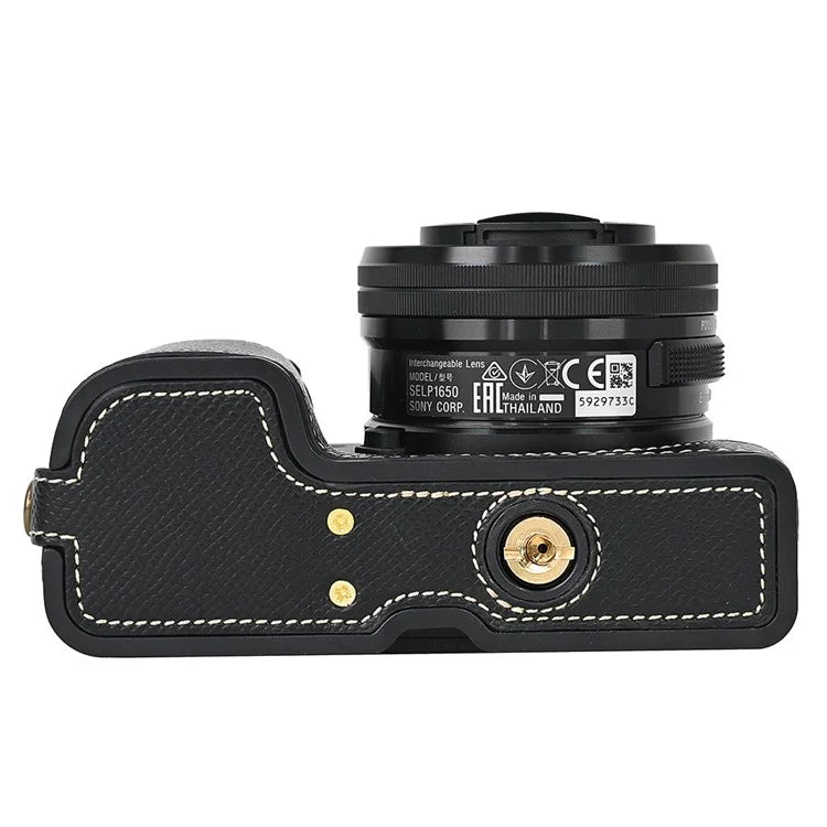 Camera Case for Sony A6400 / A6300 / A6100 / A6000 Battery Opening Design Palm Texture PU Leather Half Body Bottom Case with Wrist Strap