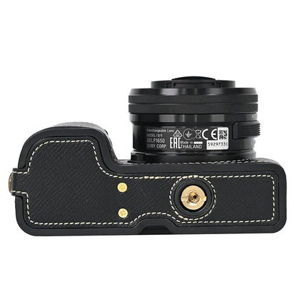Camera Case for Sony A6400 / A6300 / A6100 / A6000 Battery Opening Design Palm Texture PU Leather Half Body Bottom Case with Wrist Strap