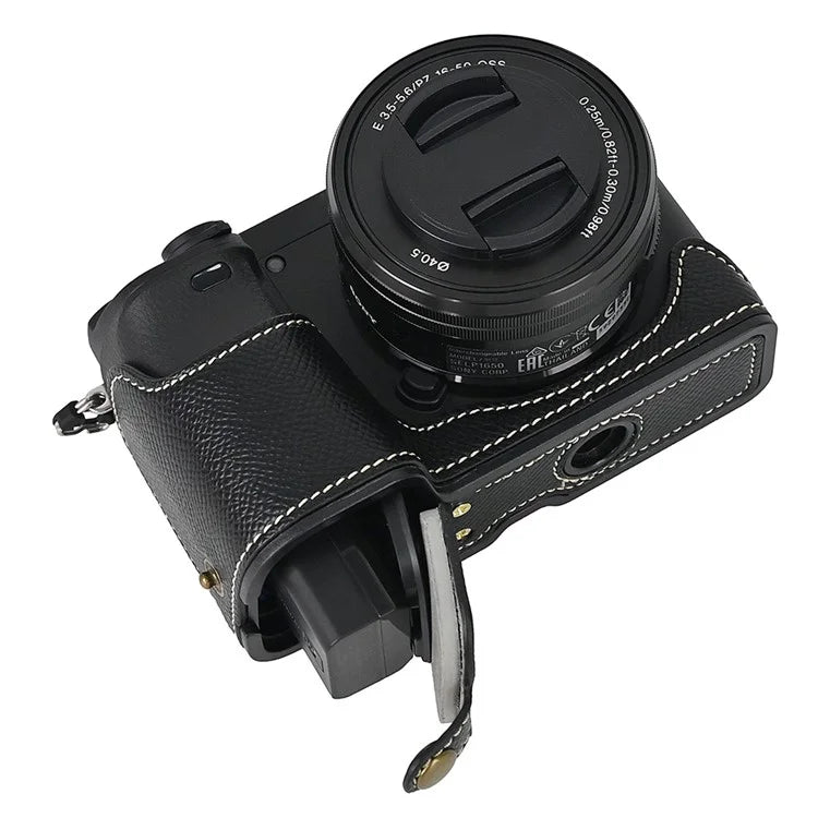 Camera Case for Sony A6400 / A6300 / A6100 / A6000 Battery Opening Design Palm Texture PU Leather Half Body Bottom Case with Wrist Strap