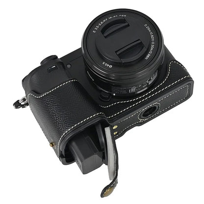 Camera Case for Sony A6400 / A6300 / A6100 / A6000 Battery Opening Design Palm Texture PU Leather Half Body Bottom Case with Wrist Strap
