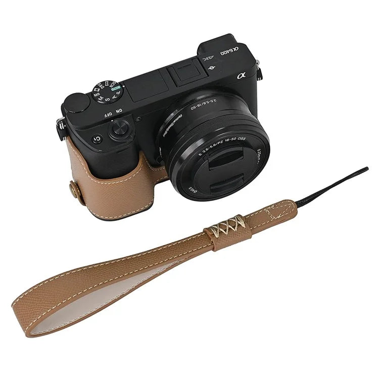 Camera Case for Sony A6400 / A6300 / A6100 / A6000 Battery Opening Design Palm Texture PU Leather Half Body Bottom Case with Wrist Strap