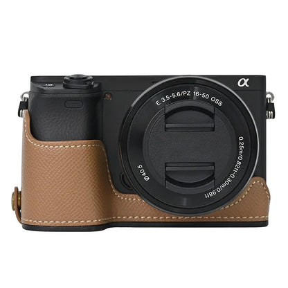 Camera Case for Sony A6400 / A6300 / A6100 / A6000 Battery Opening Design Palm Texture PU Leather Half Body Bottom Case with Wrist Strap
