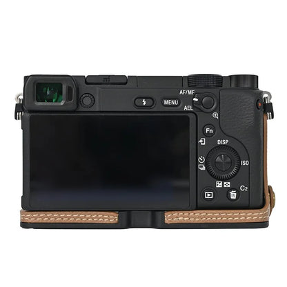 Camera Case for Sony A6400 / A6300 / A6100 / A6000 Battery Opening Design Palm Texture PU Leather Half Body Bottom Case with Wrist Strap