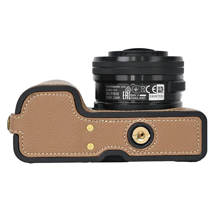 Camera Case for Sony A6400 / A6300 / A6100 / A6000 Battery Opening Design Palm Texture PU Leather Half Body Bottom Case with Wrist Strap