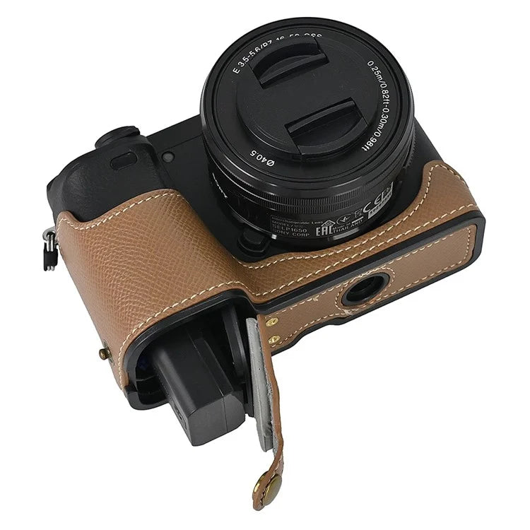 Camera Case for Sony A6400 / A6300 / A6100 / A6000 Battery Opening Design Palm Texture PU Leather Half Body Bottom Case with Wrist Strap