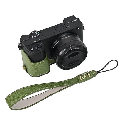 Camera Case for Sony A6400 / A6300 / A6100 / A6000 Battery Opening Design Palm Texture PU Leather Half Body Bottom Case with Wrist Strap