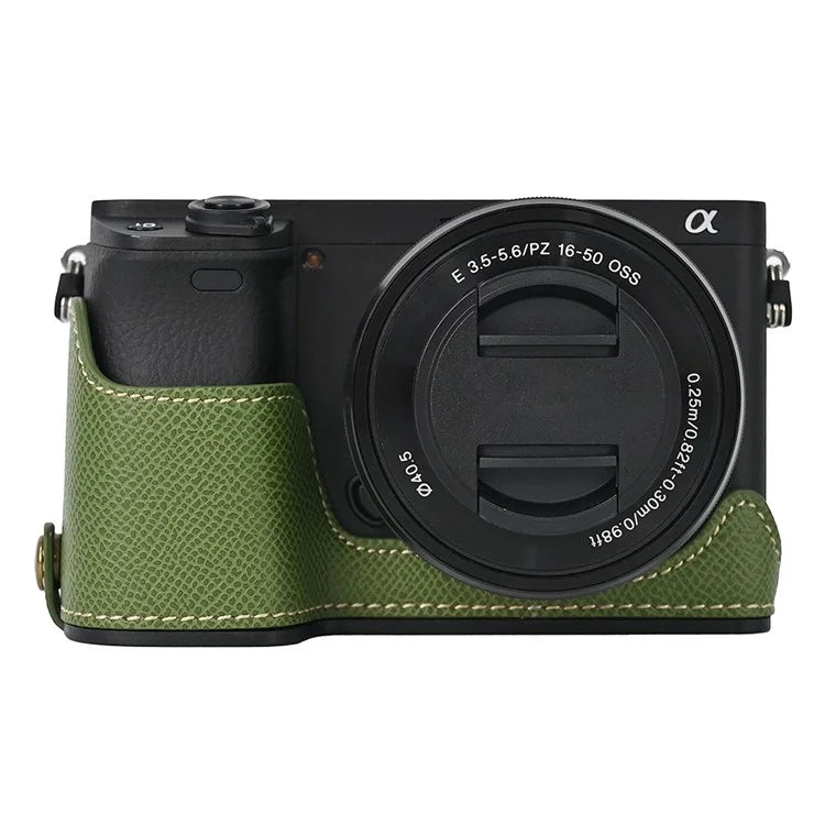 Camera Case for Sony A6400 / A6300 / A6100 / A6000 Battery Opening Design Palm Texture PU Leather Half Body Bottom Case with Wrist Strap