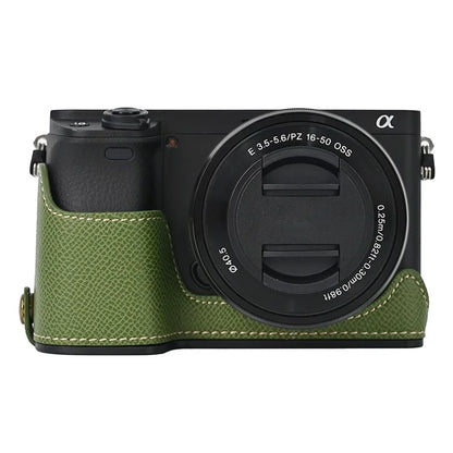 Camera Case for Sony A6400 / A6300 / A6100 / A6000 Battery Opening Design Palm Texture PU Leather Half Body Bottom Case with Wrist Strap