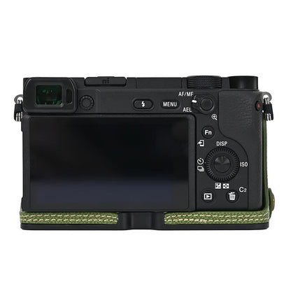 Camera Case for Sony A6400 / A6300 / A6100 / A6000 Battery Opening Design Palm Texture PU Leather Half Body Bottom Case with Wrist Strap