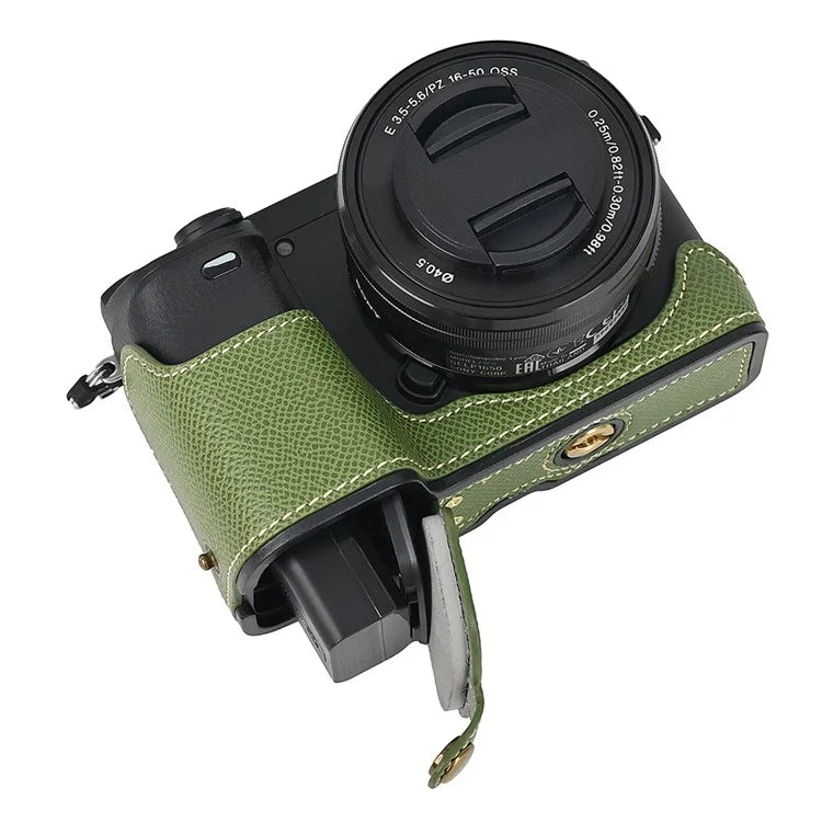 Camera Case for Sony A6400 / A6300 / A6100 / A6000 Battery Opening Design Palm Texture PU Leather Half Body Bottom Case with Wrist Strap