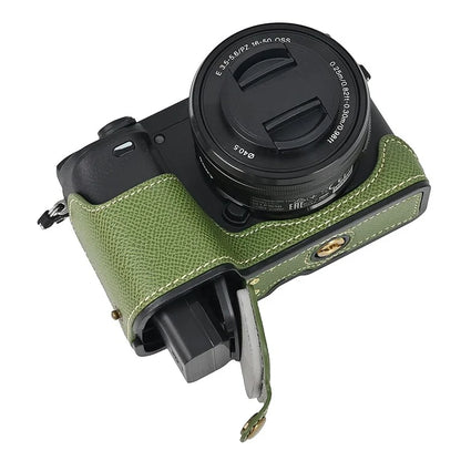 Camera Case for Sony A6400 / A6300 / A6100 / A6000 Battery Opening Design Palm Texture PU Leather Half Body Bottom Case with Wrist Strap
