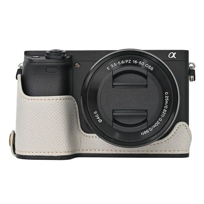 Camera Case for Sony A6400 / A6300 / A6100 / A6000 Battery Opening Design Palm Texture PU Leather Half Body Bottom Case with Wrist Strap