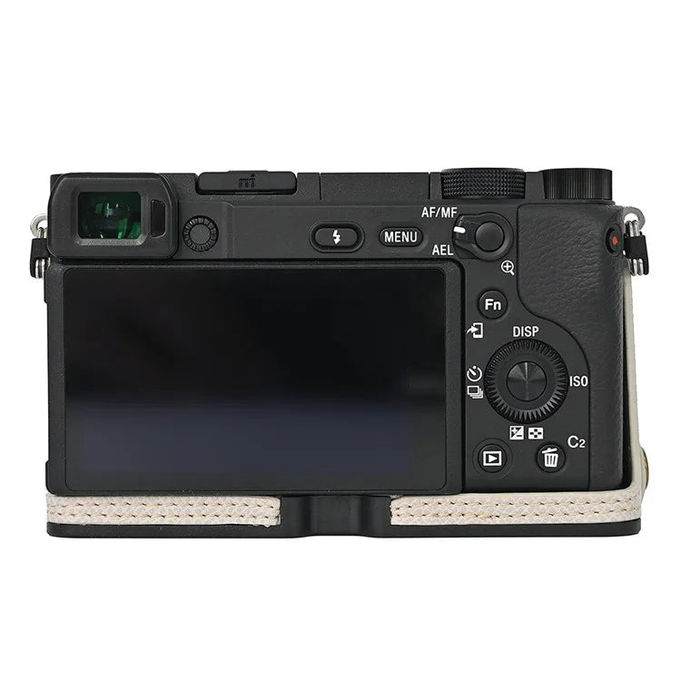 Camera Case for Sony A6400 / A6300 / A6100 / A6000 Battery Opening Design Palm Texture PU Leather Half Body Bottom Case with Wrist Strap