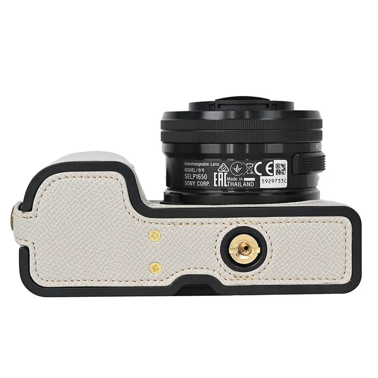 Camera Case for Sony A6400 / A6300 / A6100 / A6000 Battery Opening Design Palm Texture PU Leather Half Body Bottom Case with Wrist Strap