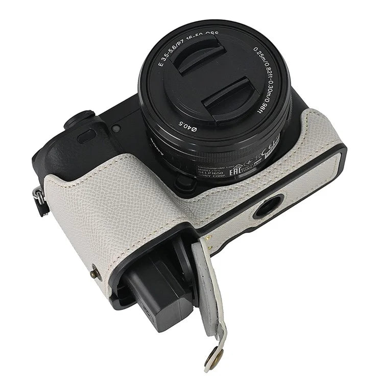 Camera Case for Sony A6400 / A6300 / A6100 / A6000 Battery Opening Design Palm Texture PU Leather Half Body Bottom Case with Wrist Strap