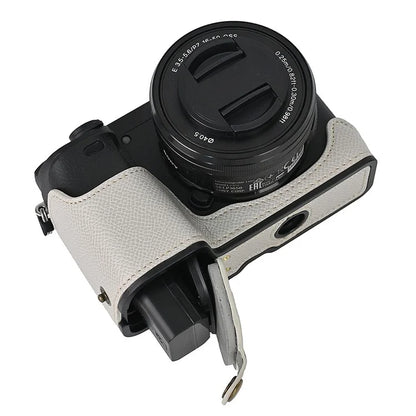 Camera Case for Sony A6400 / A6300 / A6100 / A6000 Battery Opening Design Palm Texture PU Leather Half Body Bottom Case with Wrist Strap