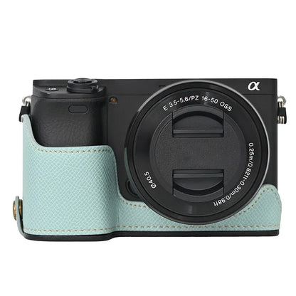 Camera Case for Sony A6400 / A6300 / A6100 / A6000 Battery Opening Design Palm Texture PU Leather Half Body Bottom Case with Wrist Strap