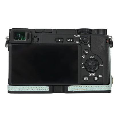 Camera Case for Sony A6400 / A6300 / A6100 / A6000 Battery Opening Design Palm Texture PU Leather Half Body Bottom Case with Wrist Strap