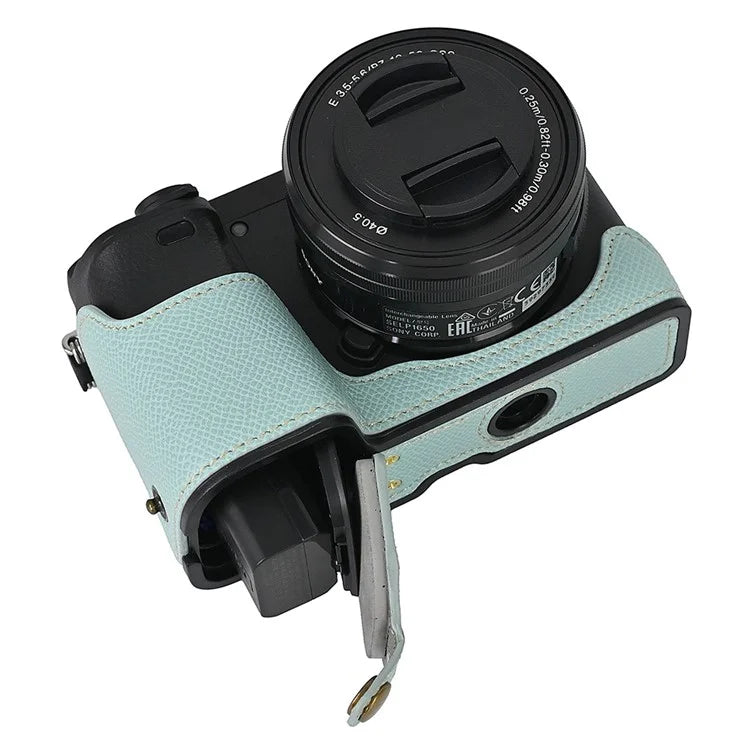 Camera Case for Sony A6400 / A6300 / A6100 / A6000 Battery Opening Design Palm Texture PU Leather Half Body Bottom Case with Wrist Strap