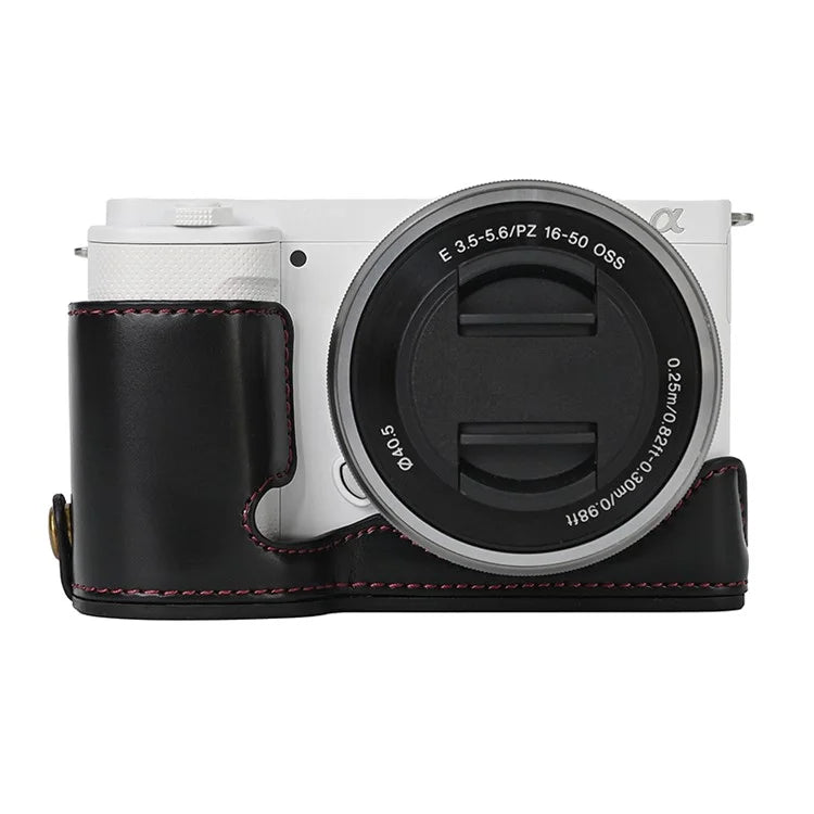 For Sony ZV-E10 Battery Opening Design PU Leather Camera Cover Half Body Bottom Case with Wrist Strap