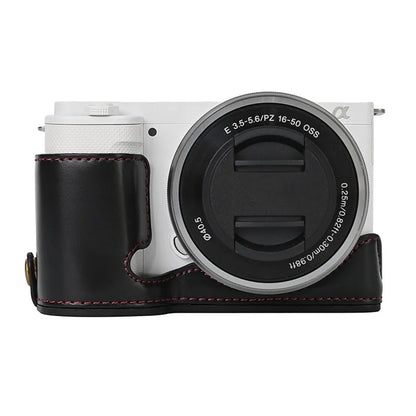For Sony ZV-E10 Battery Opening Design PU Leather Camera Cover Half Body Bottom Case with Wrist Strap