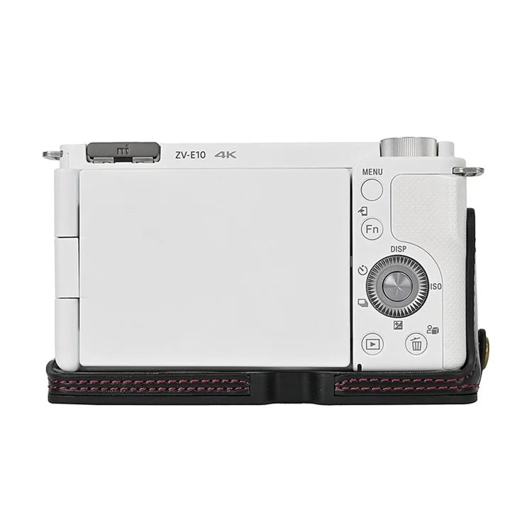 For Sony ZV-E10 Battery Opening Design PU Leather Camera Cover Half Body Bottom Case with Wrist Strap