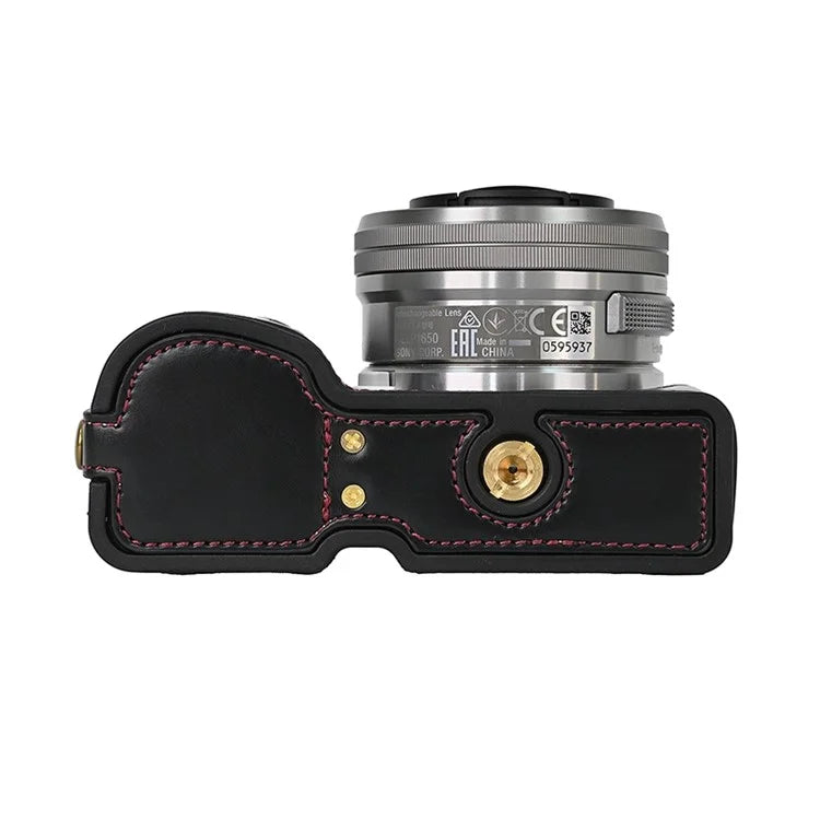For Sony ZV-E10 Battery Opening Design PU Leather Camera Cover Half Body Bottom Case with Wrist Strap