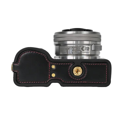 For Sony ZV-E10 Battery Opening Design PU Leather Camera Cover Half Body Bottom Case with Wrist Strap