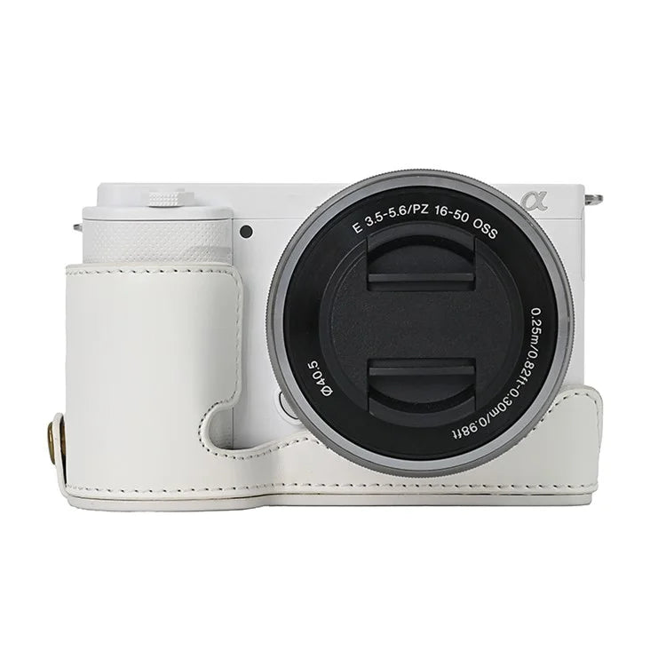 For Sony ZV-E10 Battery Opening Design PU Leather Camera Cover Half Body Bottom Case with Wrist Strap