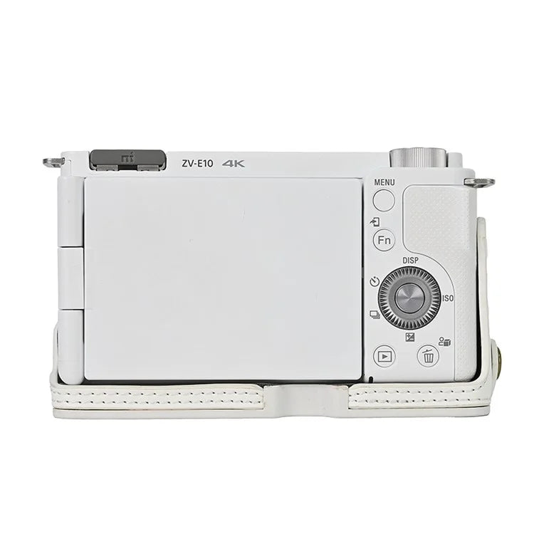 For Sony ZV-E10 Battery Opening Design PU Leather Camera Cover Half Body Bottom Case with Wrist Strap