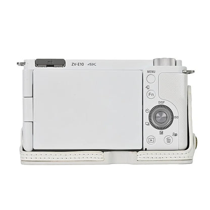 For Sony ZV-E10 Battery Opening Design PU Leather Camera Cover Half Body Bottom Case with Wrist Strap