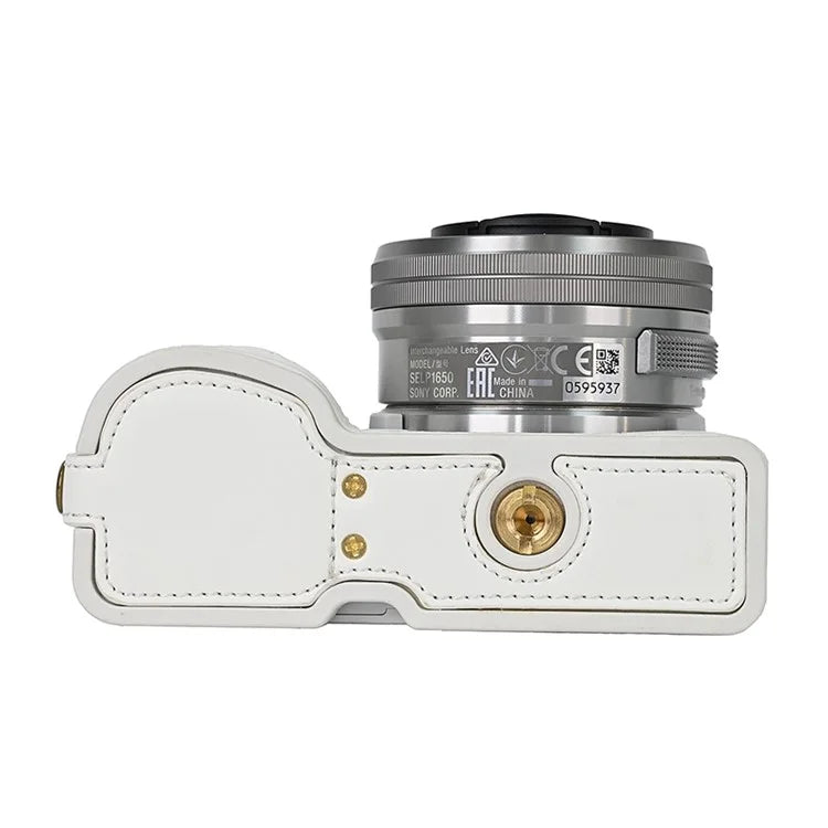 For Sony ZV-E10 Battery Opening Design PU Leather Camera Cover Half Body Bottom Case with Wrist Strap