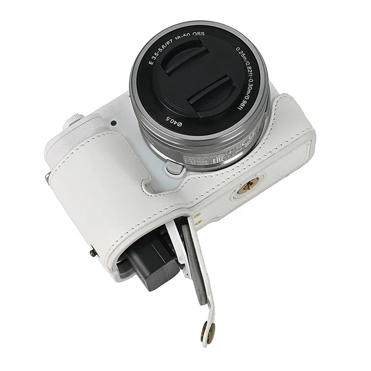 For Sony ZV-E10 Battery Opening Design PU Leather Camera Cover Half Body Bottom Case with Wrist Strap