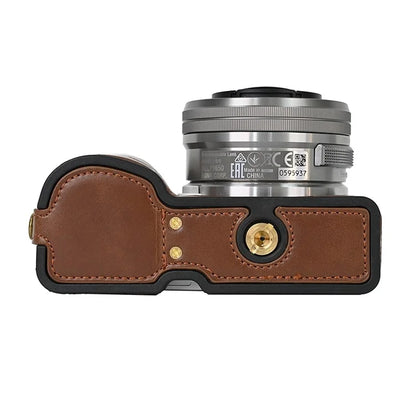 For Sony ZV-E10 Battery Opening Design PU Leather Camera Cover Half Body Bottom Case with Wrist Strap