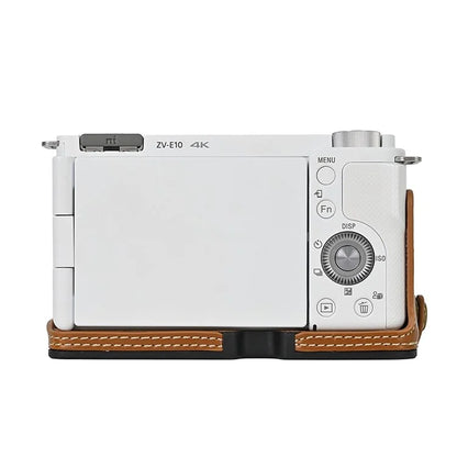 For Sony ZV-E10 Battery Opening Design PU Leather Camera Cover Half Body Bottom Case with Wrist Strap