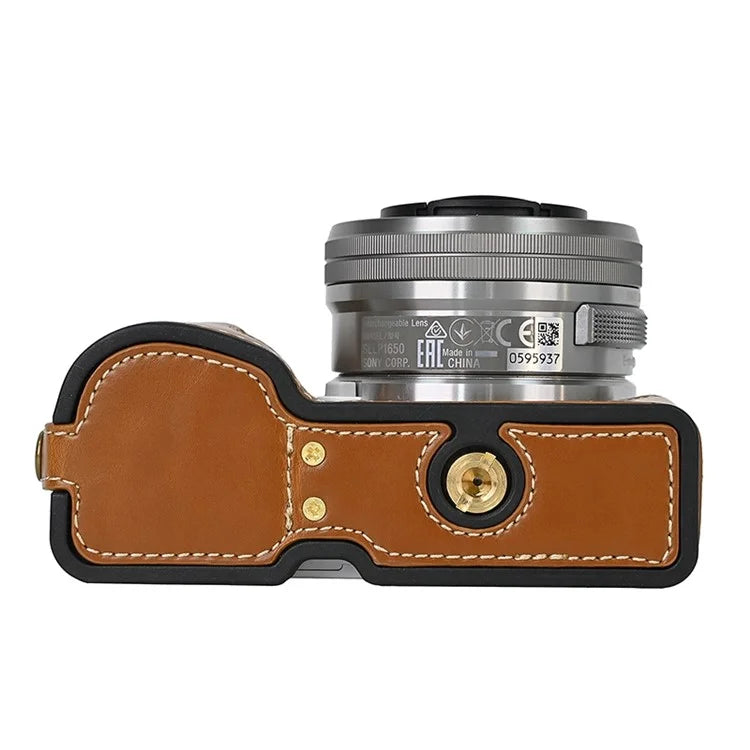 For Sony ZV-E10 Battery Opening Design PU Leather Camera Cover Half Body Bottom Case with Wrist Strap