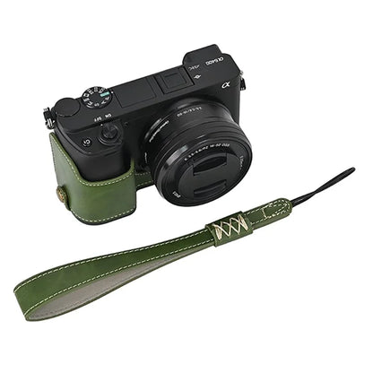 Camera Cover for Sony A6400 / A6300 / A6100 / A6000 Battery Opening Design PU Leather Half Body Bottom Case with Wrist Strap