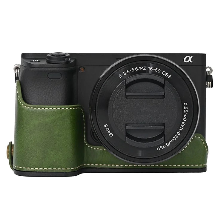 Camera Cover for Sony A6400 / A6300 / A6100 / A6000 Battery Opening Design PU Leather Half Body Bottom Case with Wrist Strap