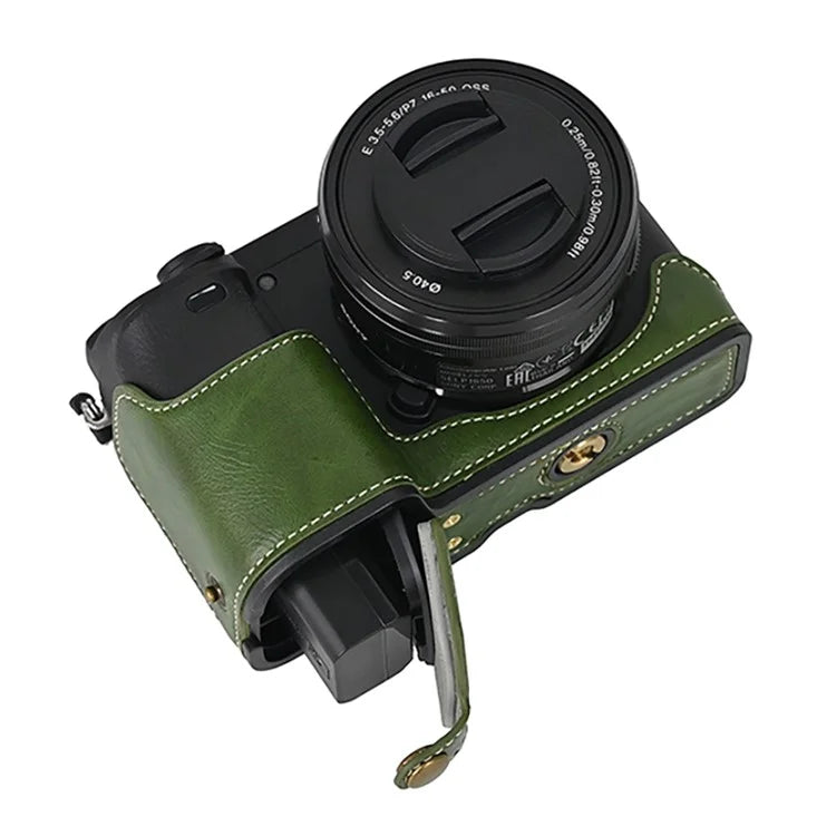 Camera Cover for Sony A6400 / A6300 / A6100 / A6000 Battery Opening Design PU Leather Half Body Bottom Case with Wrist Strap