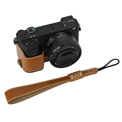 Camera Cover for Sony A6400 / A6300 / A6100 / A6000 Battery Opening Design PU Leather Half Body Bottom Case with Wrist Strap