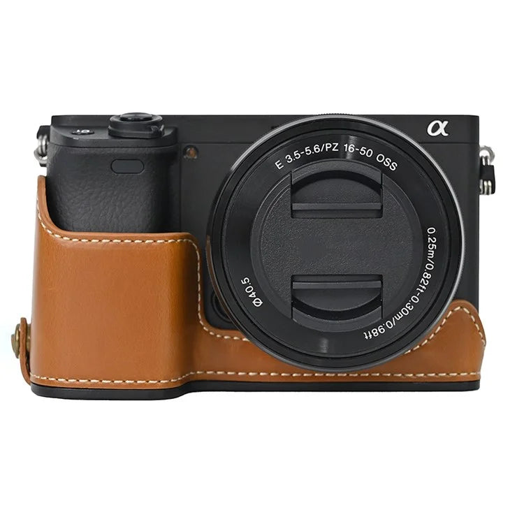 Camera Cover for Sony A6400 / A6300 / A6100 / A6000 Battery Opening Design PU Leather Half Body Bottom Case with Wrist Strap