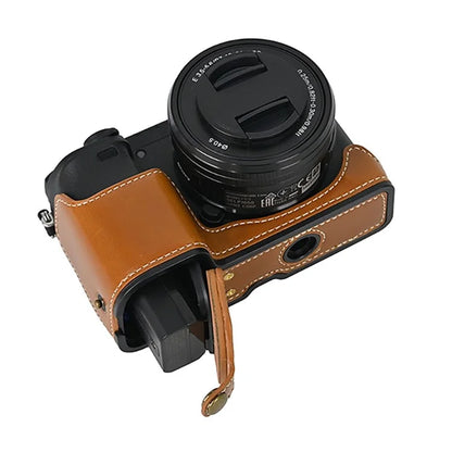 Camera Cover for Sony A6400 / A6300 / A6100 / A6000 Battery Opening Design PU Leather Half Body Bottom Case with Wrist Strap