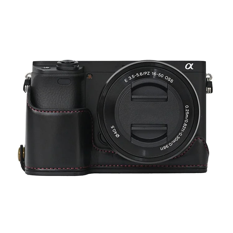 Camera Cover for Sony A6400 / A6300 / A6100 / A6000 Battery Opening Design PU Leather Half Body Bottom Case with Wrist Strap