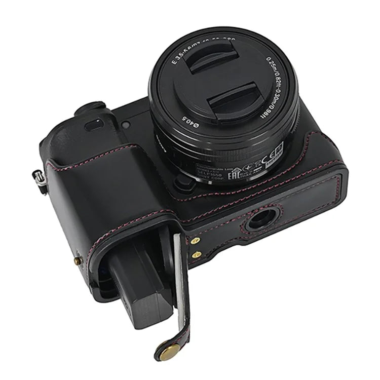 Camera Cover for Sony A6400 / A6300 / A6100 / A6000 Battery Opening Design PU Leather Half Body Bottom Case with Wrist Strap