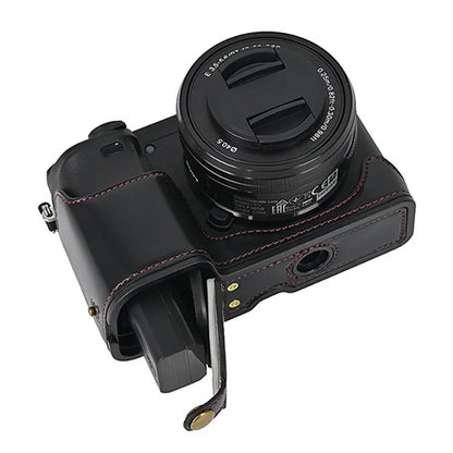 Camera Cover for Sony A6400 / A6300 / A6100 / A6000 Battery Opening Design PU Leather Half Body Bottom Case with Wrist Strap