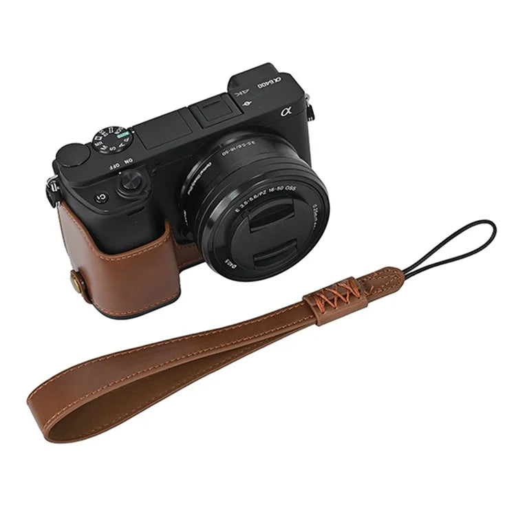 Camera Cover for Sony A6400 / A6300 / A6100 / A6000 Battery Opening Design PU Leather Half Body Bottom Case with Wrist Strap