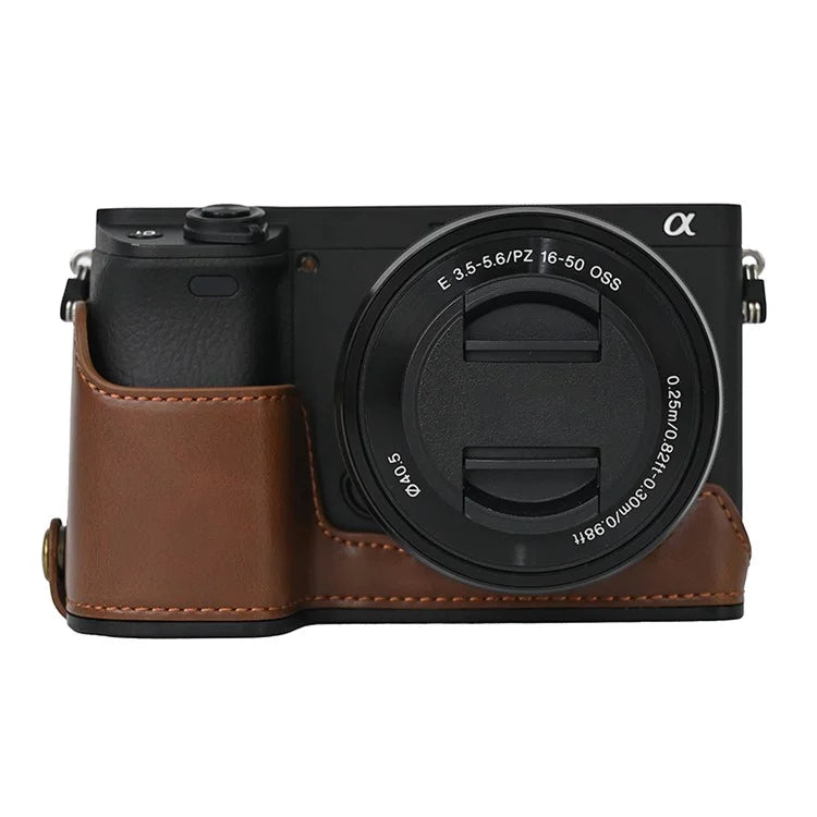 Camera Cover for Sony A6400 / A6300 / A6100 / A6000 Battery Opening Design PU Leather Half Body Bottom Case with Wrist Strap